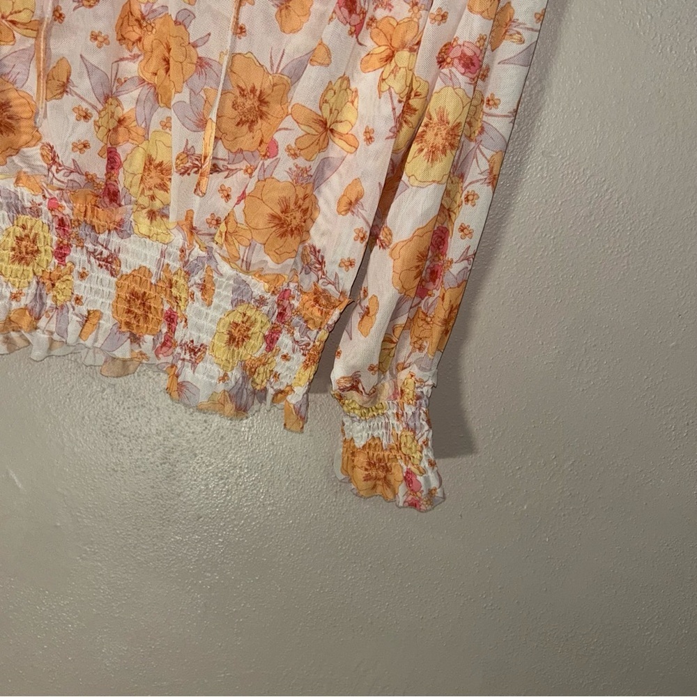 Floral Smocked ruffle sleeves Blouse - Orange and Cream - Picture 4 of 4